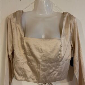 Cream Satin Long Sleeve Crop Top with Open Back